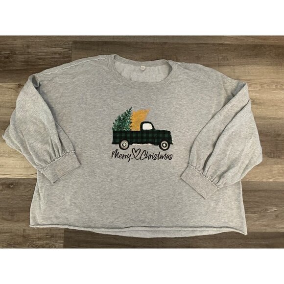 Merry Christmas Holiday Gray Sweatshirt with plaid truck/Christmas Tree Size 26/ - Picture 1 of 4
